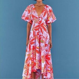 New FARM Rio Lilac Color Birds MIDI Dress Medium Bohemian Coastal Floral beach